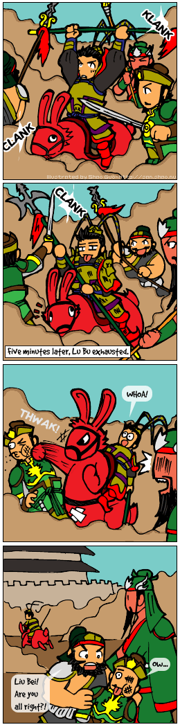 A comic depicting Liu Bei getting punched by a large red rabbit