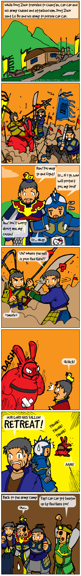 Comic depicting Red Hare punching Cao Cao