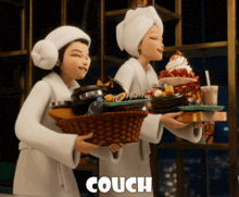 Mira and Zoey from KPop Demon Hunters wearing bathrobes, carrying food, and chanting “Couch! Couch! Couch!”