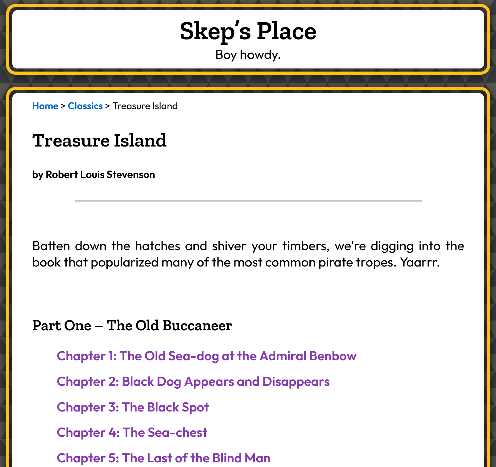 a screenshot of Skep’s Place on the Treasure Island contents page. Headers in Zilla Slab are used for the book title and section titles, with the rest of the text in the sans-serif font Outfit. Zilla Slab appears flat and unremarkable.