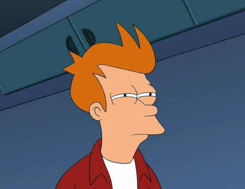 Fry from Futuratma narrowing his eyes in suspicion.