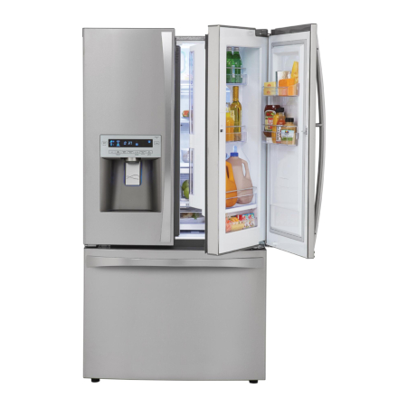a promotional image of a stainless steel refrigerator, with a freezer drawer on the bottom and two side-by-side doors on the top. One of the top doors is slightly ajar; the front of this door has been pulled open, revealing the items that have been stowed in the door itself.