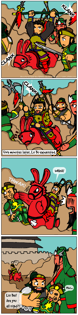 A comic depicting the duel between Lu Bu and the three brothers, which concludes with Liu Bei getting punched by the large red rabbit Lu Bu is riding