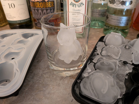 a rocks glass, within which sits a cat made of ice. A tray of similar cat-shaped ice sits to the right, while the corresponding lid is on the left