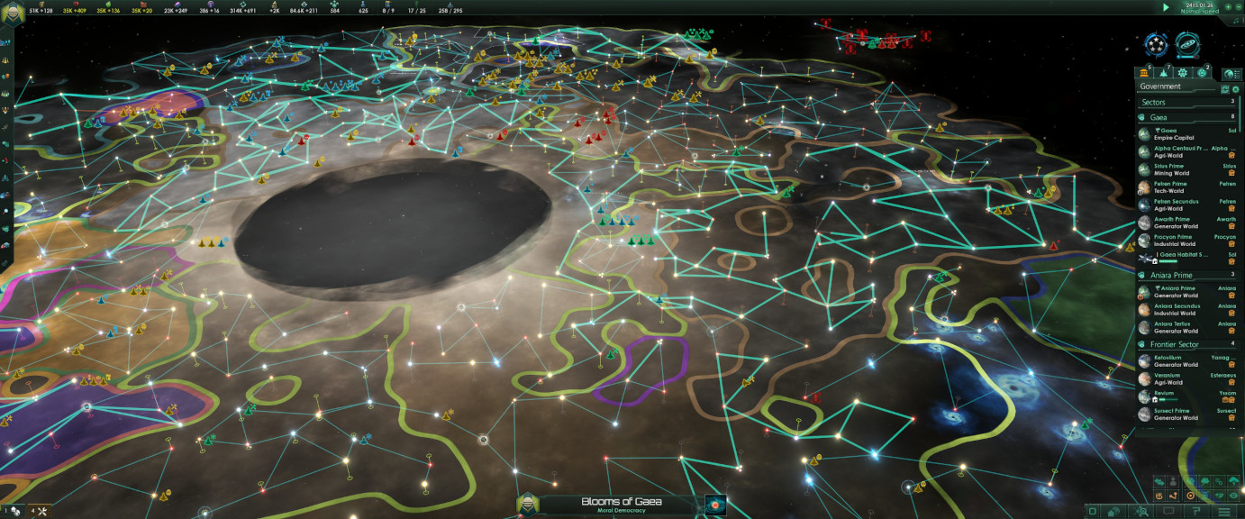 a screenshot of Stellaris showing a galaxy map with really messy borders