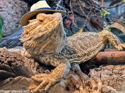 An image of a bearded dragon sitting on a log wearing a private investigator's fedora. The hat has been added via AI.