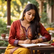 An AI-generated image of an Indian woman writing while seated in an outdoor patio setting.