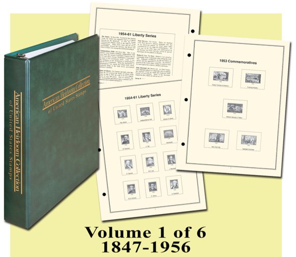 An online product image of a green binder with American Heirloom Collection of United States Stamps printed in gold lettering on the front and side. A sample of pages are included; the first has placeholders for five stamps and is labeled 1953 Commemoratives, the second has placeholders for twelve stamps and is labeled 1954-61 Liberty Series, and the last is also labeled 1954-61 Liberty Series but instead of stamps includes a multi-paragraph text box. The bottom of the graphic reads Volumn 1 of 6,  1947-1956