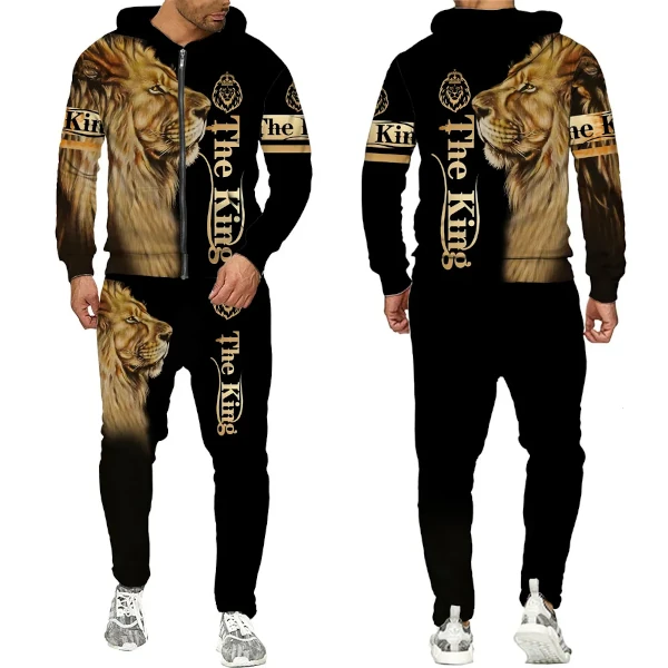 A marketing image of the original design, but with a pair of matching jogging pants that include the same photo of the lion on the front of one leg and the same “The King” text on the other.