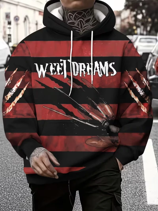 A marketing photo of a model wearing a Friday the 13th-themed hoodie featuring Freddy Krueger's claws and the words “Weet Dreams”, which, no, I did not misspell.
