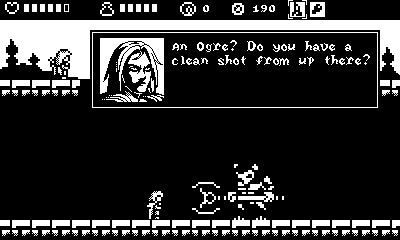 A screenshot of Castle Tintagel; Gawain is facing a large, axe-wielding enemy while Gwenevere looks on from above. Gawain says 'An Ogre? Do you have a clean shot from up there?'