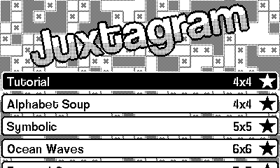 The logo of Juxtagram at top with some categories below. Categories and board sizes include Tutorial (4x4), Alphabet Soup (4x4), Symbolic (5x5), and Ocean Waves (6x6). The background contains a mixed pattern of light, dark, and x'ed out squares
