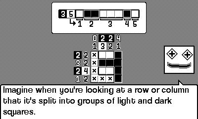 A screenshot from Juxtagram's tutorial, which features a somewhat unsettling square face with off-kilter diamond eyes, cross-shaped pupils, and skewed smile saying 'Imagine when you're looking at a row or column that it's split into groups of light and dark squares.' Inset above the partially-filled 4x4 grid is a single example row numbered 3, 5 that contains 1 white, 2 black, 3 white, 1 black, and 1 white, each labeled 1 through 5 to show how the grouping works.