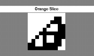 A completed Juxtagram labeled 'Orange Slice'. A black-and-white slice from an orange spans the grid diagonally.