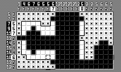 A 20x12 Juxtagram grid that has been partially completed. No image has started to take shape yet, but there are a lot of wide dark-colored sections through the middle and lower-right of the grid.