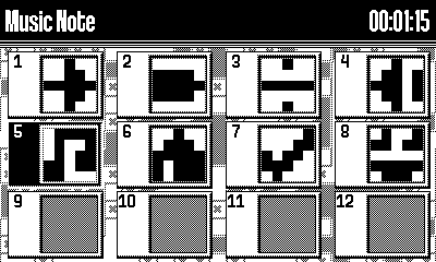 An image from one of Juxtagram's puzzle-select menus. Two-thirds of the puzzles show a completed image, such as an arrow, division symbol, and checkmark. The bar at the top indicates that one puzzle called 'Music Note' is highlighted and was completed in 1 minute 15 seconds.
