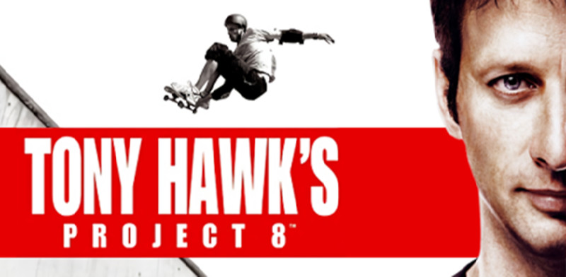 a promotional image of Tony Hawk's Project 8, with the title in a red banner, a black-and-white photo of a skater performing an air trick, and half of Tony Hawk's face looking into the camera at the side