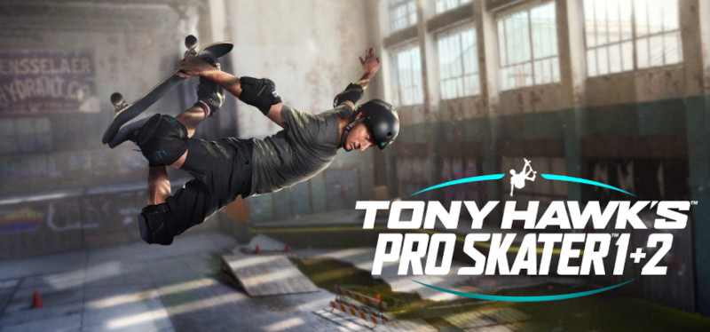 a promotional image of Tony Hawk's Pro Skater 1 + 2. It's difficult to say if the figure doing a grab trick in the air with the Warehouse level in the background is supposed to be Tony Hawk or not because it's rendered in what could conceivably be the game engine but is probably just art in a similar style. It makes sense though because Tony probably isn't doing tricks like that these days