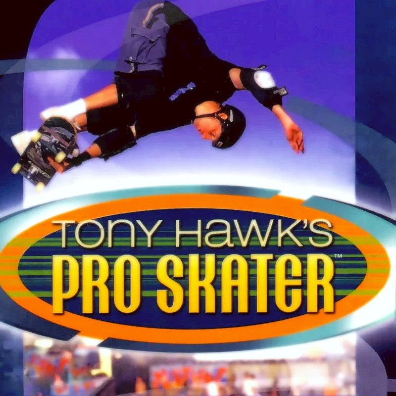 the cover of Tony Hawk's Pro Skater. Tony Hawk does a grab trick in midair above the logo, except he's looking toward the ground this time