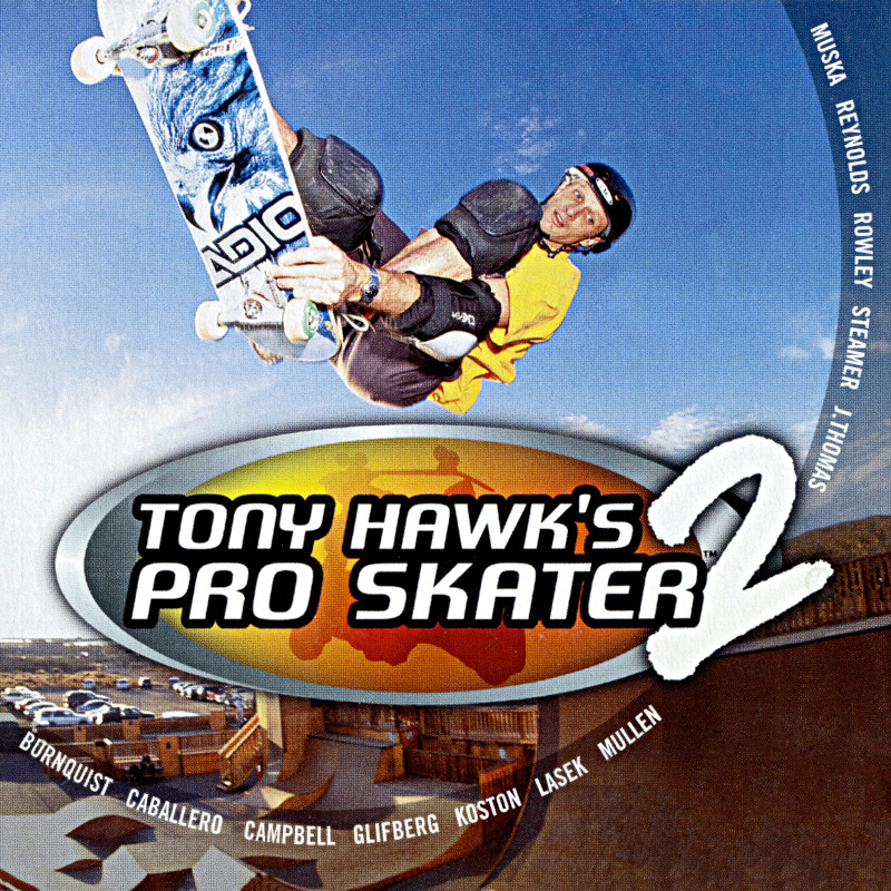 the cover of Tony Hawk's Pro Skater 2. Tony Hawk does a grab trick in midair above the logo; a skate park and ramps can be seen underneath