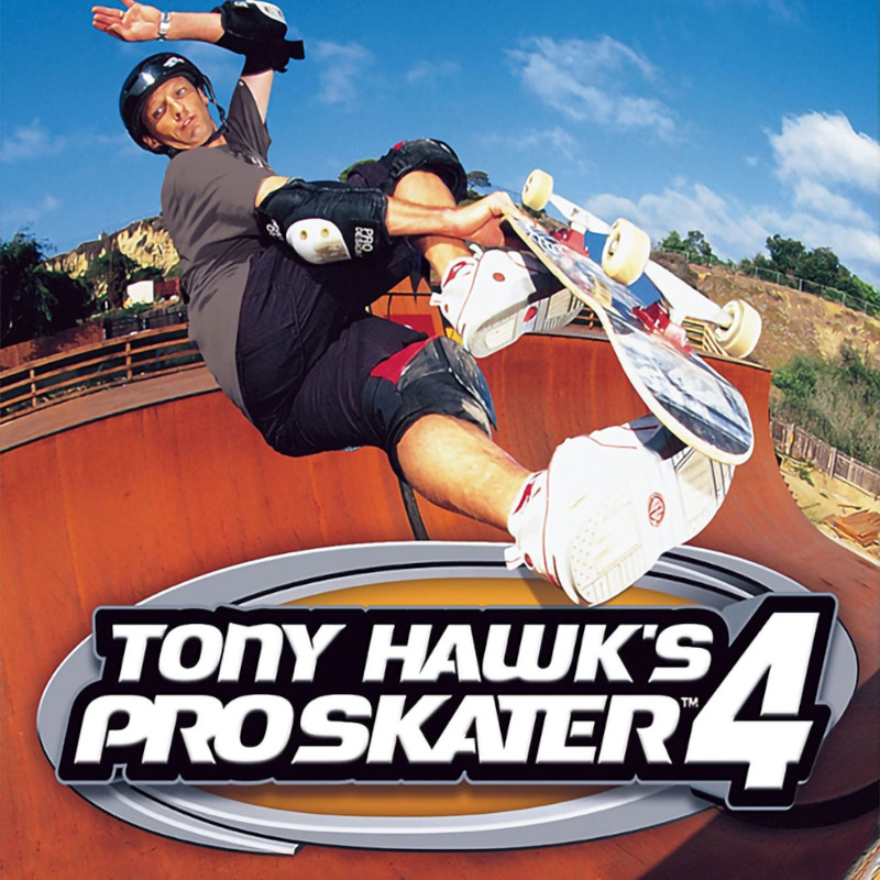 the cover of Tony Hawk's Pro Skater 4. Tony Hawk does a grab trick in midair above the logo with a halfpipe in the background. Despite this looking like a fun trick that I would have to describe as half 'waving hello' and half 'stripper at the pole', Tony's expression is arguably worse than it was on the THPS 3 cover. Not only does he still look bored, but his brow is furrowed and his eyes are looking to the side, so it kind of looks like he's wincing as though he's about to get by a football or something. He probably did not approve the use of this photo