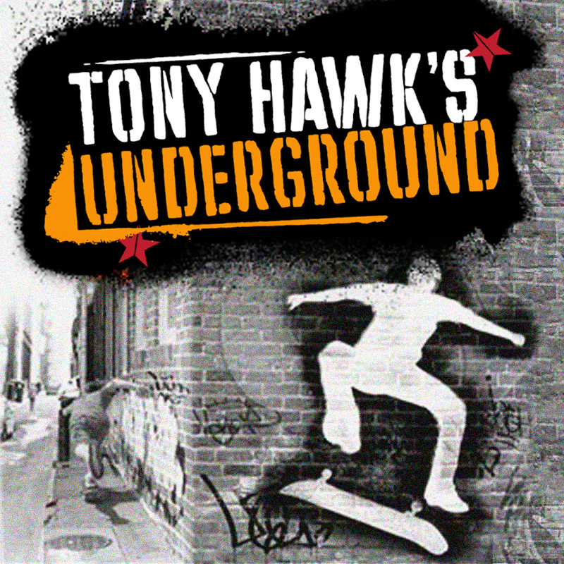 the cover of Tony Hawk's Underground. The logo is done in a style to appear as though it had been spray painted using a stencil, and sits above a black-and-white photo of a grafittied brick wall with the outline of a skater doing a flip trick outlined in more spray paint