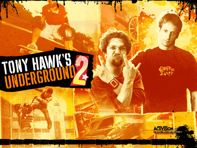a promotional image of Tony Hawk's Underground 2 featuring orange-tinted images of Tony Hawk and Bam Margera, the latter of whom is flashing twin devil horns and making duck face