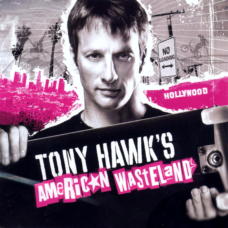 a promotional image of Tony Hawk's American Wasteland. It is a portrait photo of Tony holding a skateboard horizonally, the bottom of which shows the game's logo. The background shows Los Angeles-related imagery and also a photo of a guy doing a trick on a bike for some reason. The color palette is grayscale with pink accents