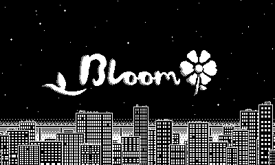 The title screen of Bloom; the background shows a citiscape at night