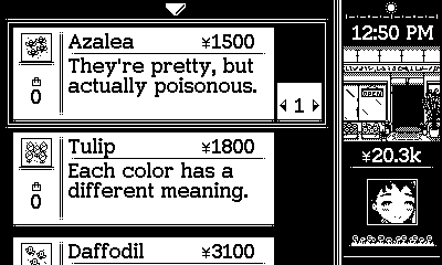 Browsing the seed catalog. Shown are Azalea: 'They're pretty, but actually poisonous'; Tulip: 'Each color has a different meaning', and Daffodil, with its description off-screen.