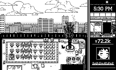 A screenshot showing the rooftop garden. The rooftop looks over other city buildings, with the sun and clouds in the sky. The garden plot contains four types of flowers arranged in two columns of three apiece. The rooftop also contains a small tree, hanging laundry, an air conditioner unit, various bits of junk, and a black cat
