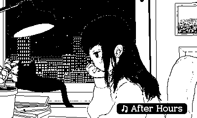 Artwork showing Midori from the side, sitting at a desk with her chin in her hand, staring at books, a plant, and a piece of paper. In the background, a black cat lays at the window, staring out at the city at night.