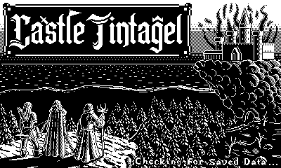 A screenshot of the title screen of Castle Tintagel; a knight, archer, and wizard stand at the edge of a cliff overlooking a castle with a dark aura.