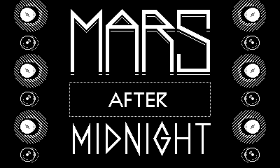 A screenshot of the title screen of Mars After Midnight; flashing lights line both sides of the title text.