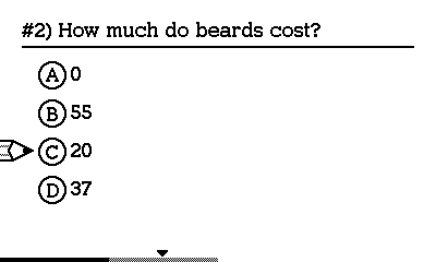 A screenshot of Quizzical. It features the multiple-choice question '#2) How much do beards cost?' with A=0, B=55, C=20, and D=37. The tip of a pencil points to C.