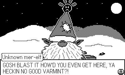 A screenshot of Trickle Greenweed. A short figure with a patched elf hat and a face obscured by a large beard stands in front of a snowy hill at night. A text box labeled 'Unknown mer-elf' reads 'GOSH BLAST IT HOW'D YOU EVEN GET HERE, YA HECKIN NO GOOD VARMINT?!'