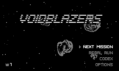 The Voidblazers title screen. Behind the title is the blackness of space, dotted with stars. A few asteroids can be seen.