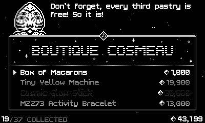 A screenshot of Voidblazers at an item purchasing screen. The shop is named BOUTIQUE COSMEAU. At the top an alient with a triangular head and four eyes says 'Don't forget, every third pastry is free! So it is!'. Items listed are: Box of Macarons, Tiny Yellow Machine, Cosmic Glow Stick, M2273 Activity Bracelet.