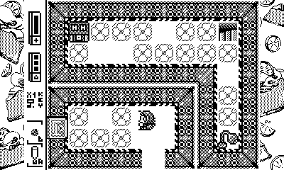 A screenshot of a dungeon in Wirewalk; there are two corridors on a corner, with the protagonist in the lower-left, facing a closed door. The outside corridor has stairs and a treasure chest.