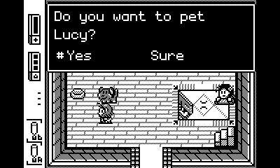 A screenshot of Wirewalk; inside a house, the protagonist interacts with a dog. A dialog box reads 'Do you want to pet Lucy?' with the options being Yes and Sure.
