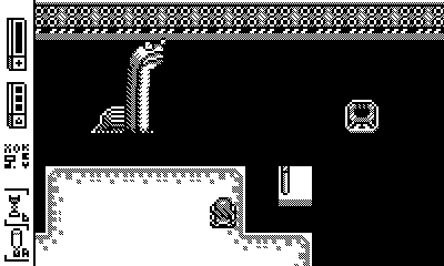 A screenshot of a Wirewalk dungeon; Rada squares off against a long-necked vaguely-amphibian creature swimming around an inky black pool.