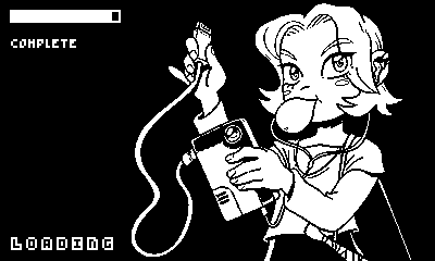 Wirewalk's loading screen, featuring art of Rada. She is a young woman blowing bubblegum, holding an electronic device in one hand and its connector cable in the other. Her light hair is parted in the center and only falls to her neck; she wears a t-shirt over a longer-sleeved shirt.