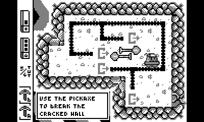 A screenshot of a Wirewalk dungeon. Rada is riding a minecart along a track underground. A box in the corner reads 'use the pickaxe to break the cracked wall'.