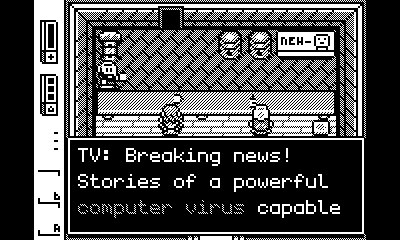 A screenshot of Wirewalk. Rada sits at a bar; there is another patron and a bartender present. A TV in the corner says 'Breaking news! Stories of a powerful computer virus capable', with the rest cut off.