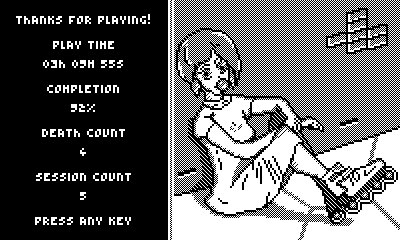 Wirewalk's post-credits screen, featuring art of Rada. She is blowing bubblegum and sitting against a brick wall; she wears a simple dress and roller blades. The side of the screen says 'Thanks for playing! Play time 3h 5m 55s, Completion 92%, Death count 4, Session count 5'