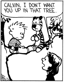 Calvin and stuffed Hobbes are sitting on a tree branch. From below, Mom tells him 'Calvin, I don't want you up in that tree.'